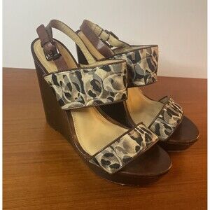 Coach Heels Wooden Wedge Leather Women’s Shoes Platform Size 8.5